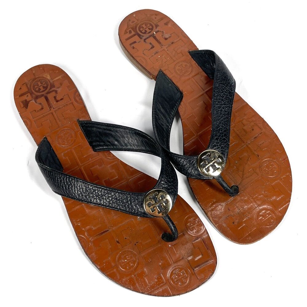 TORY BURCH Women's Black Leather Thong Flat Sandals Sz 8M Flip Flop Logo